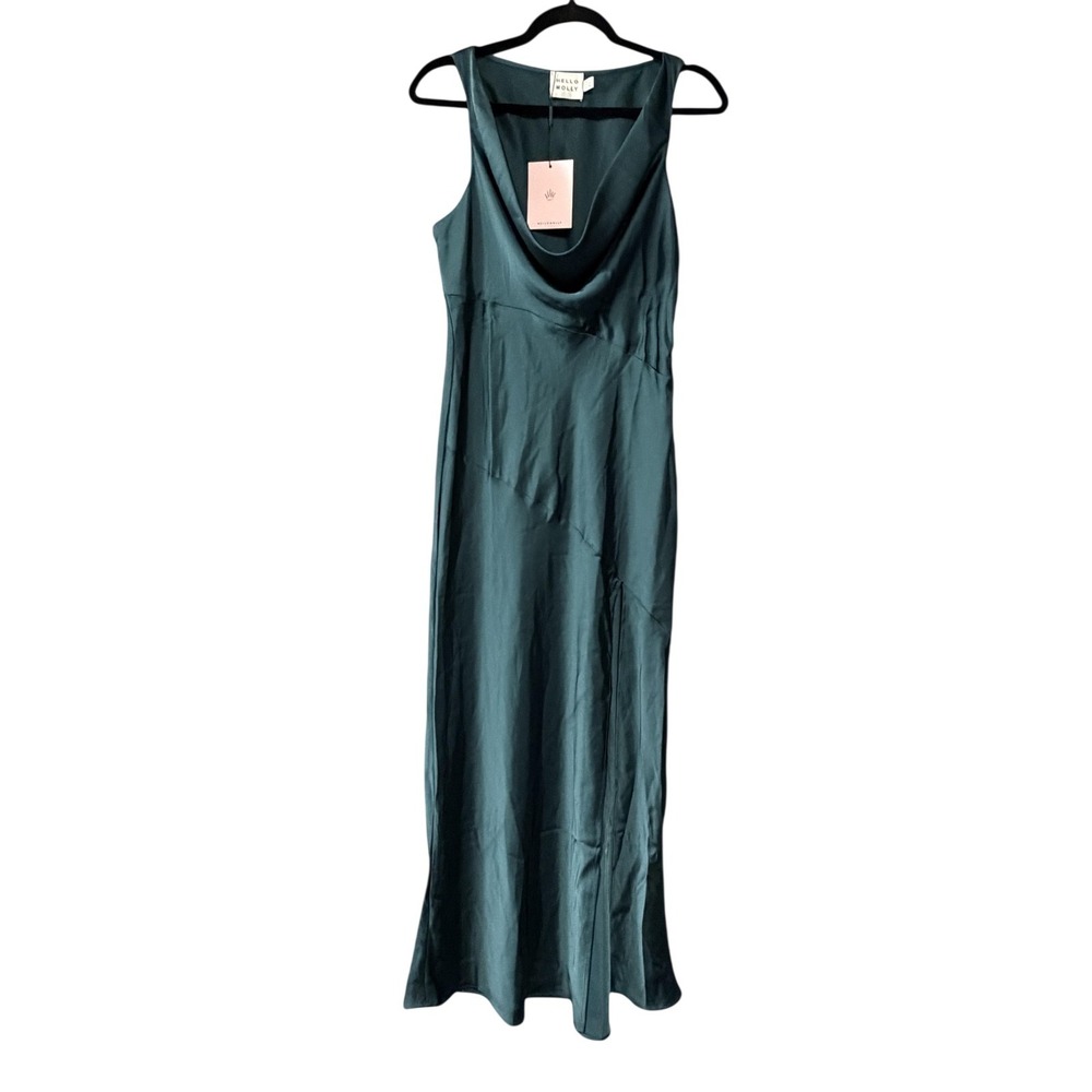 Hello Molly Slip Maxi Dress Womens XL Green Satin Cowl Neck Side Slit Evening